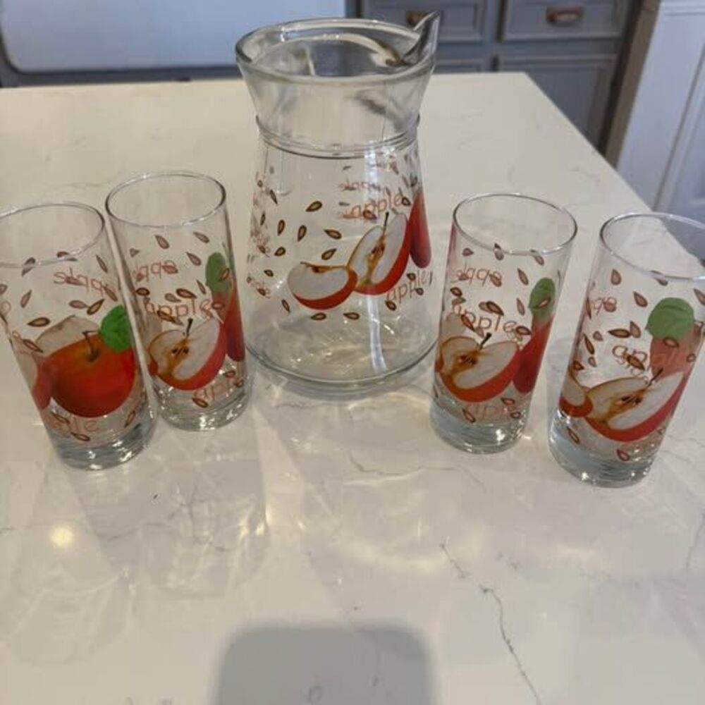 Vintage Apple Juice Pitcher Set with Glasses | Retro Apple Kitchen Decor | 1970s